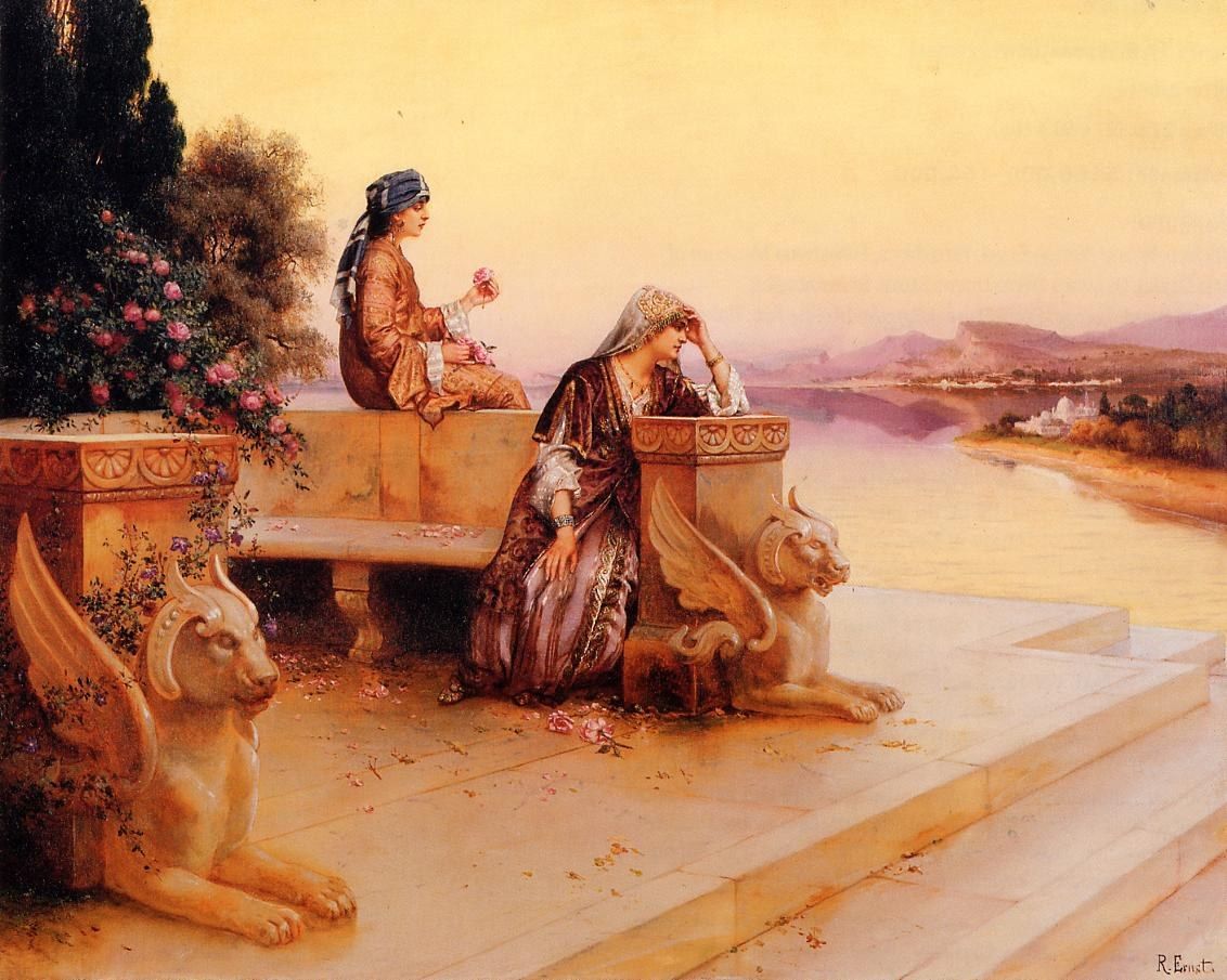 Rudolf Ernst Elegant Arab Ladies on a Terrace at Sunset